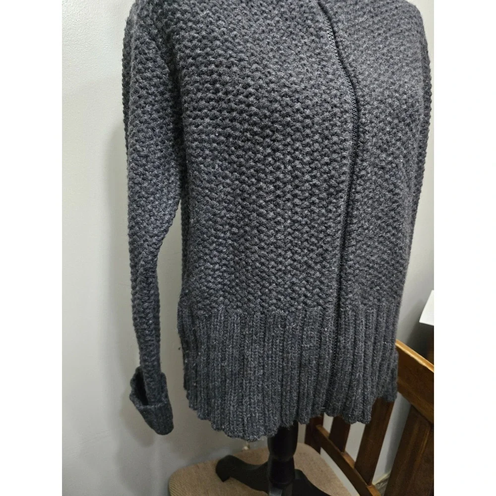 Charcoal Grey Chunky Knit Full Zip Cardigan Sweater High Neck Ribbed Trim S